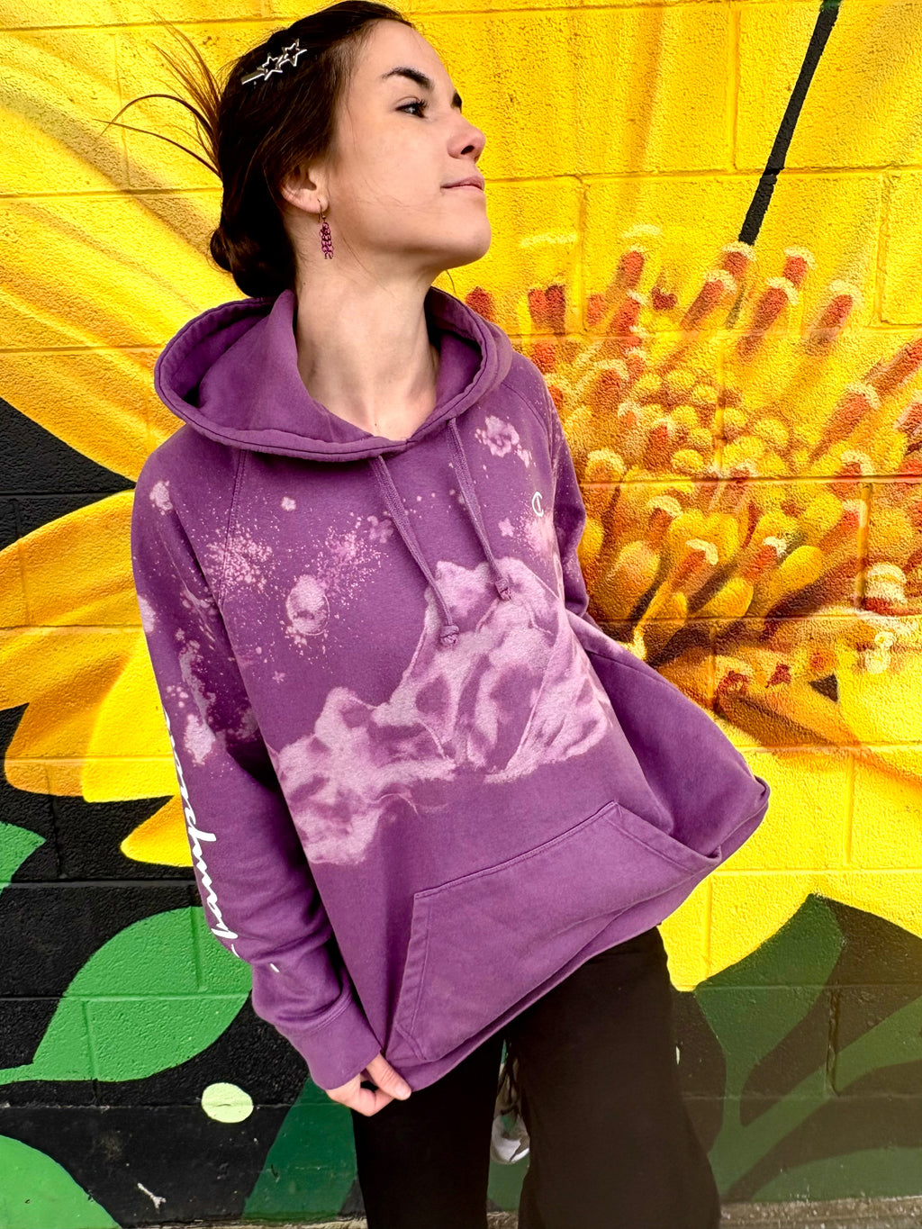 purple hoodie of a handprinted bleach art mountain and starlight and moonlight 