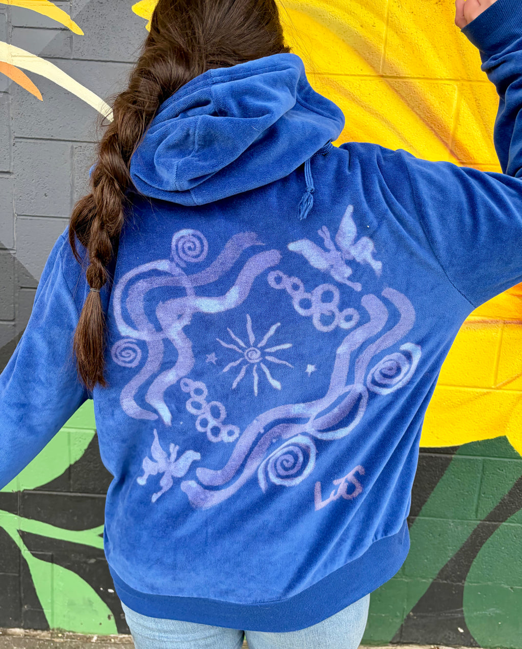 blue velvet hand-painted bleach art with butterflies and fun line designs 