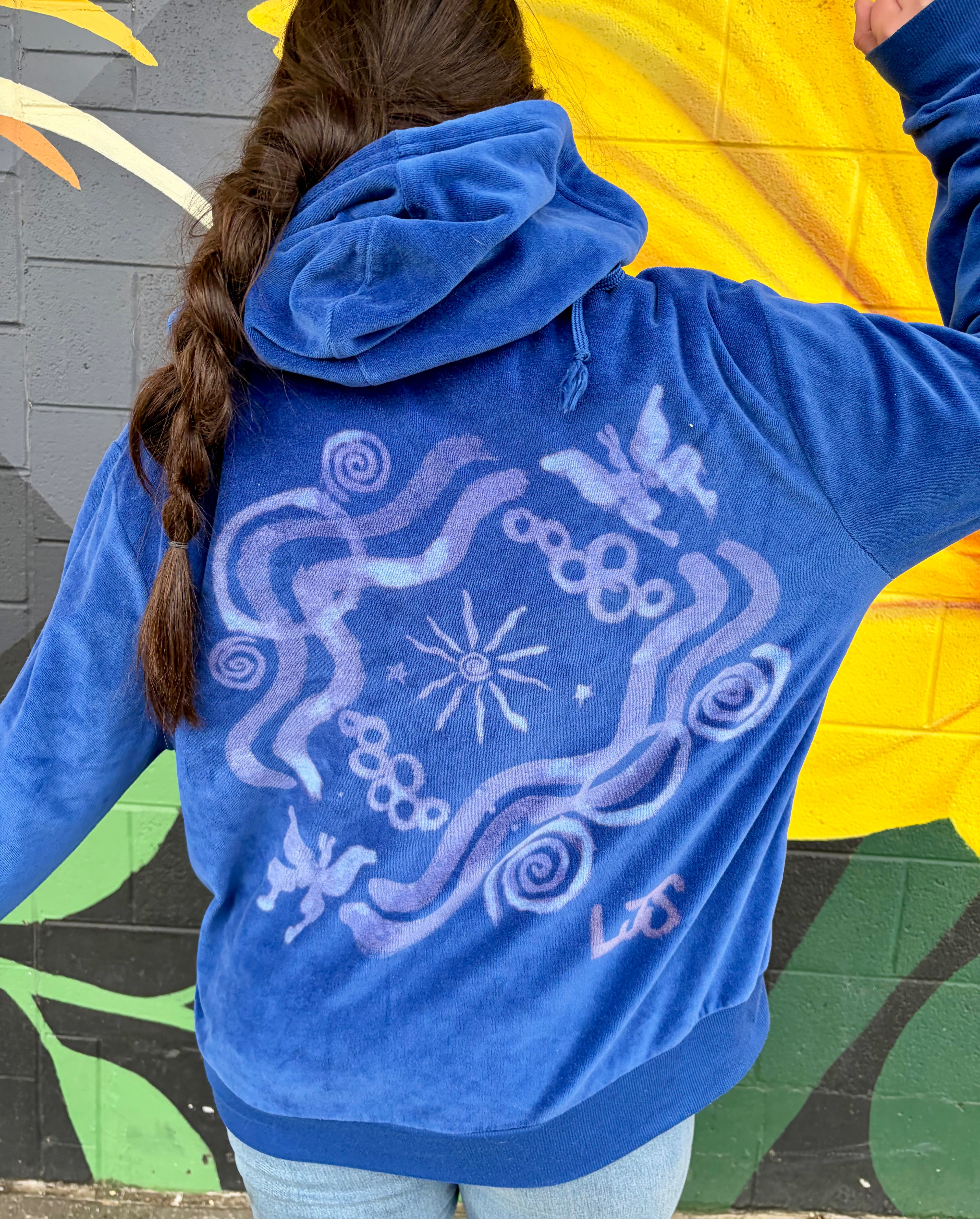 blue velvet hand-painted bleach art with butterflies and fun line designs 