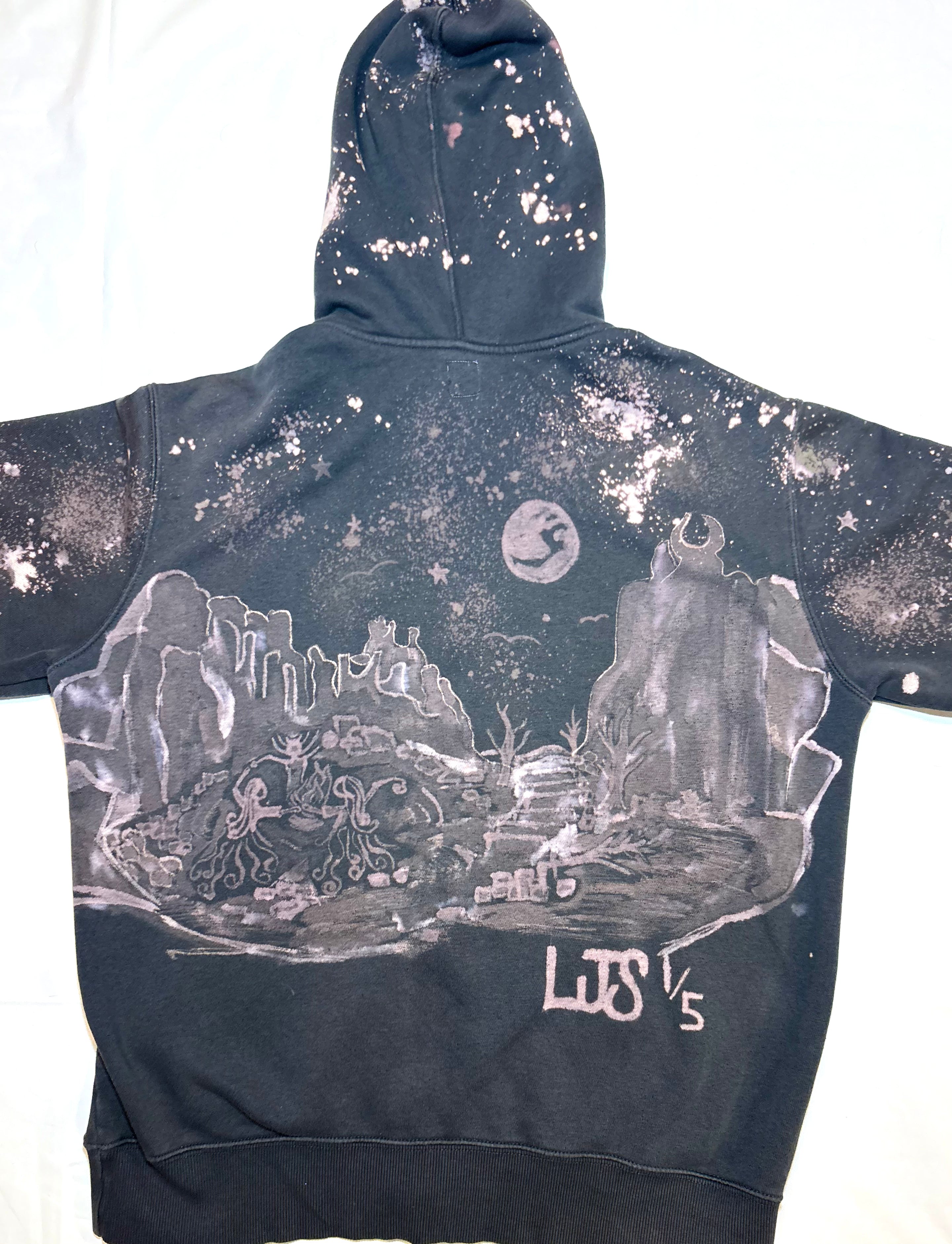grey zip up hoodie based off garden go the god hand painted bleach art three people doing a ritual under the moonlight an stars 