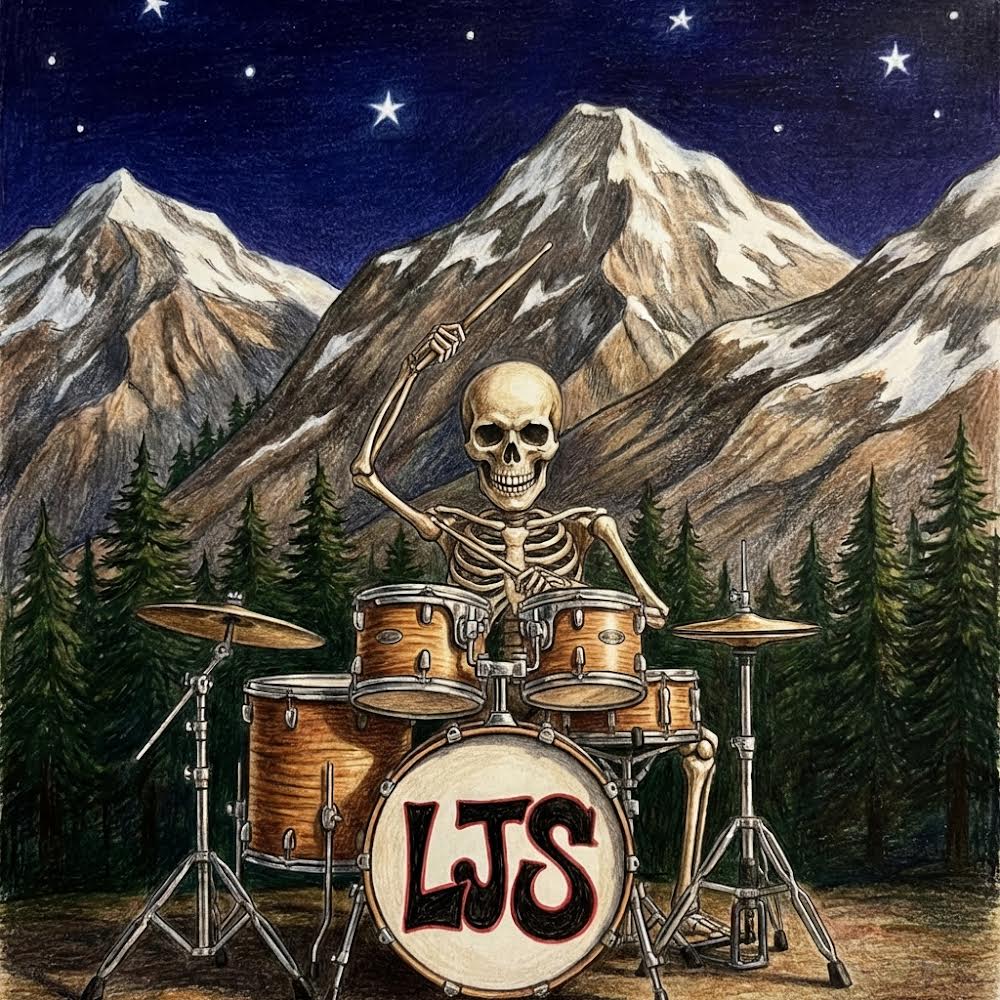 Skeleton playing drums with 'LJS' logo in a mountainous night scene