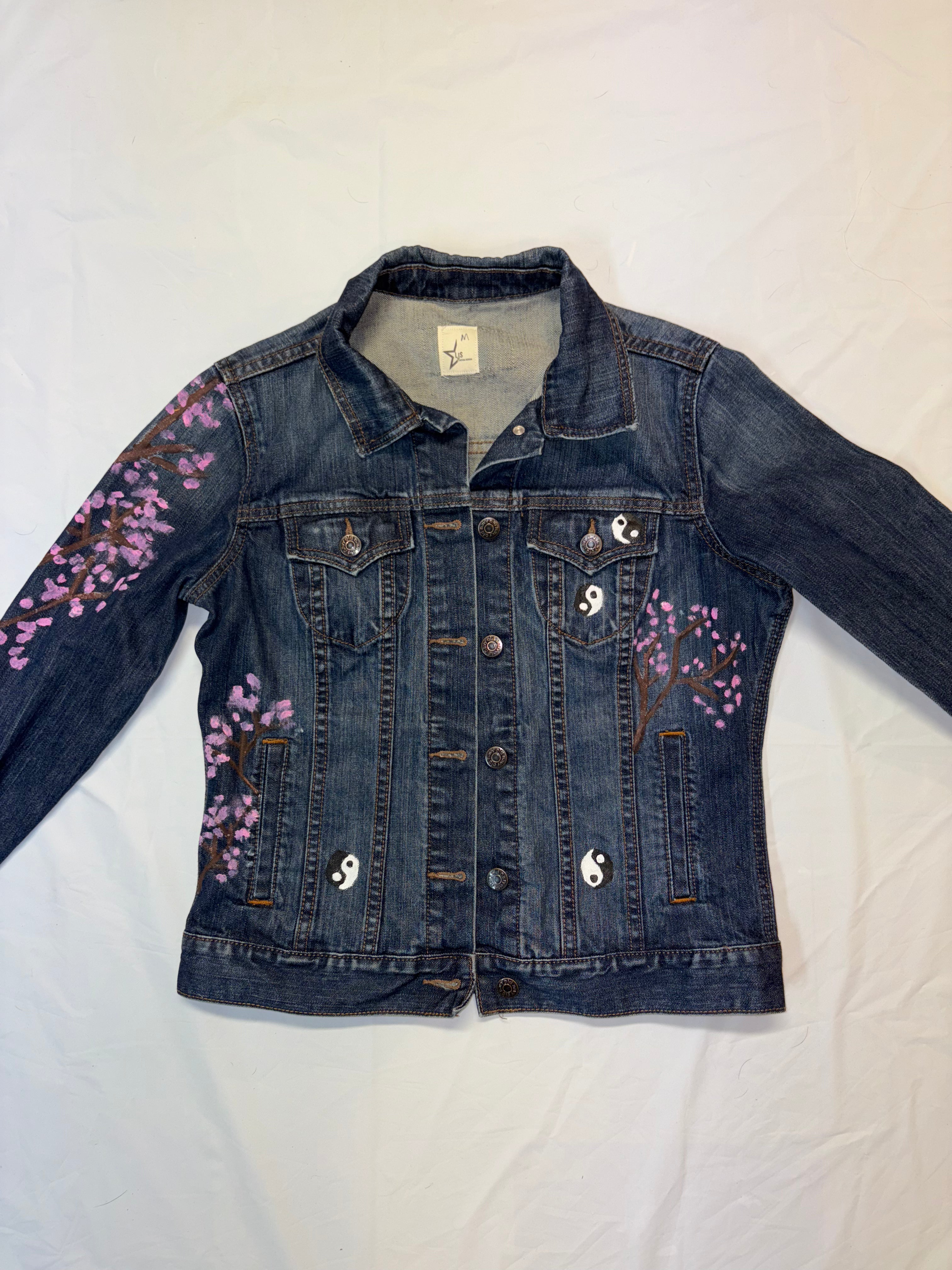 Yin & Yang Cherry Blossom — Hand-Painted Jean Jacket