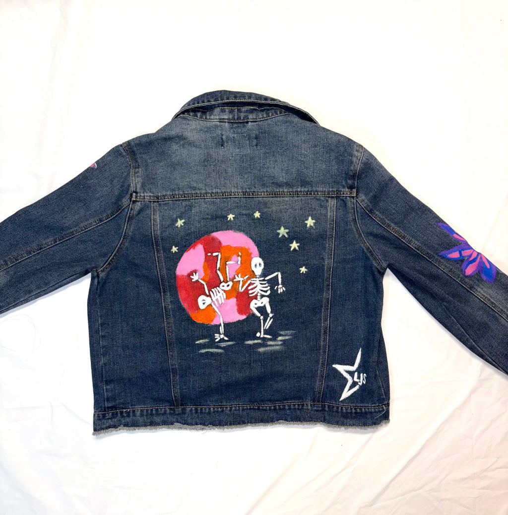 Denim jacket with a colorful skeleton design on a white background hand painted