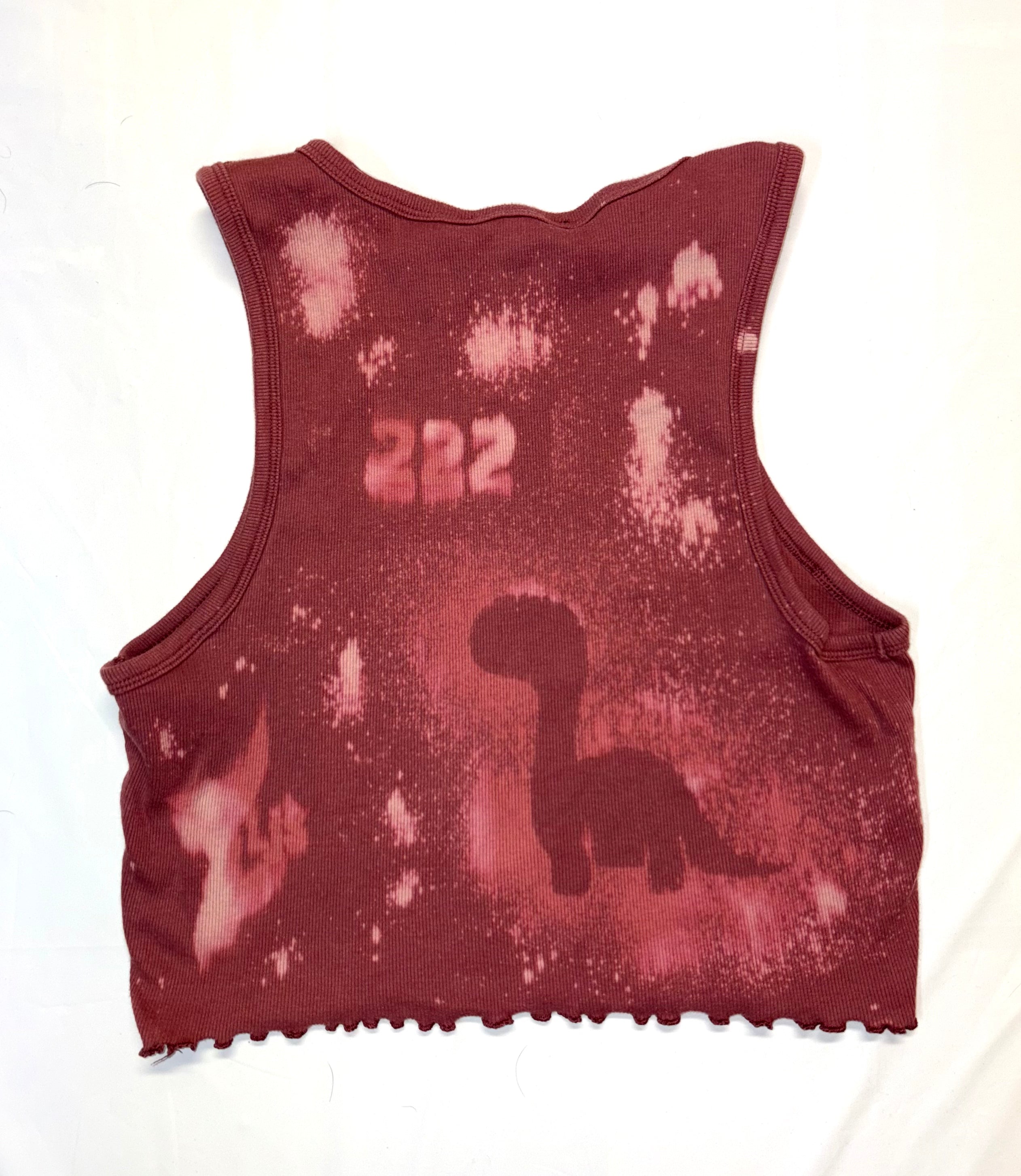 Pink crop top bleach dyed dinosaur and 222 on back 