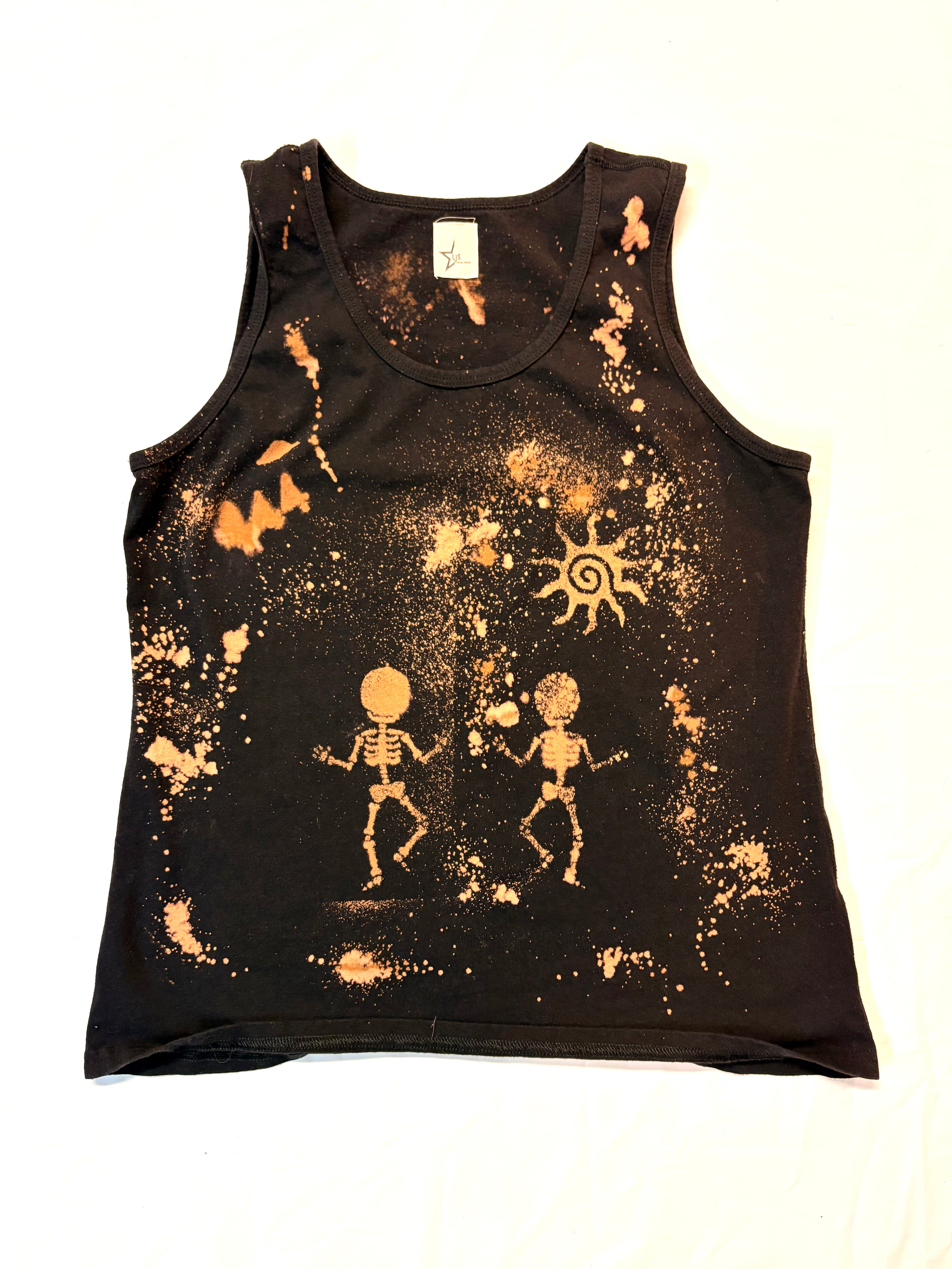Black bleach dyed tank top skeletons with a sun and bleach sprayed around