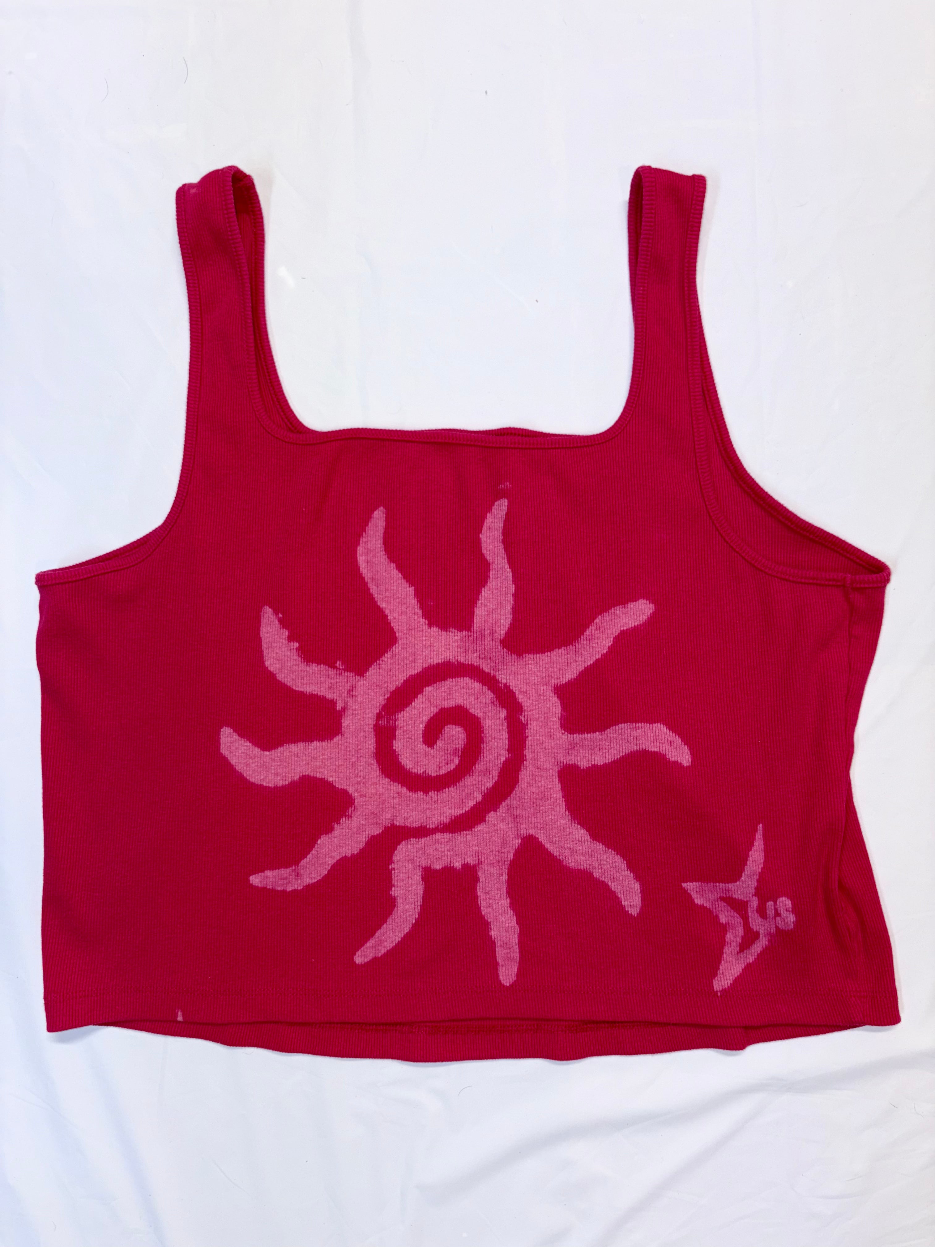 pink bleach art  tank top with a pink sun design on a white background