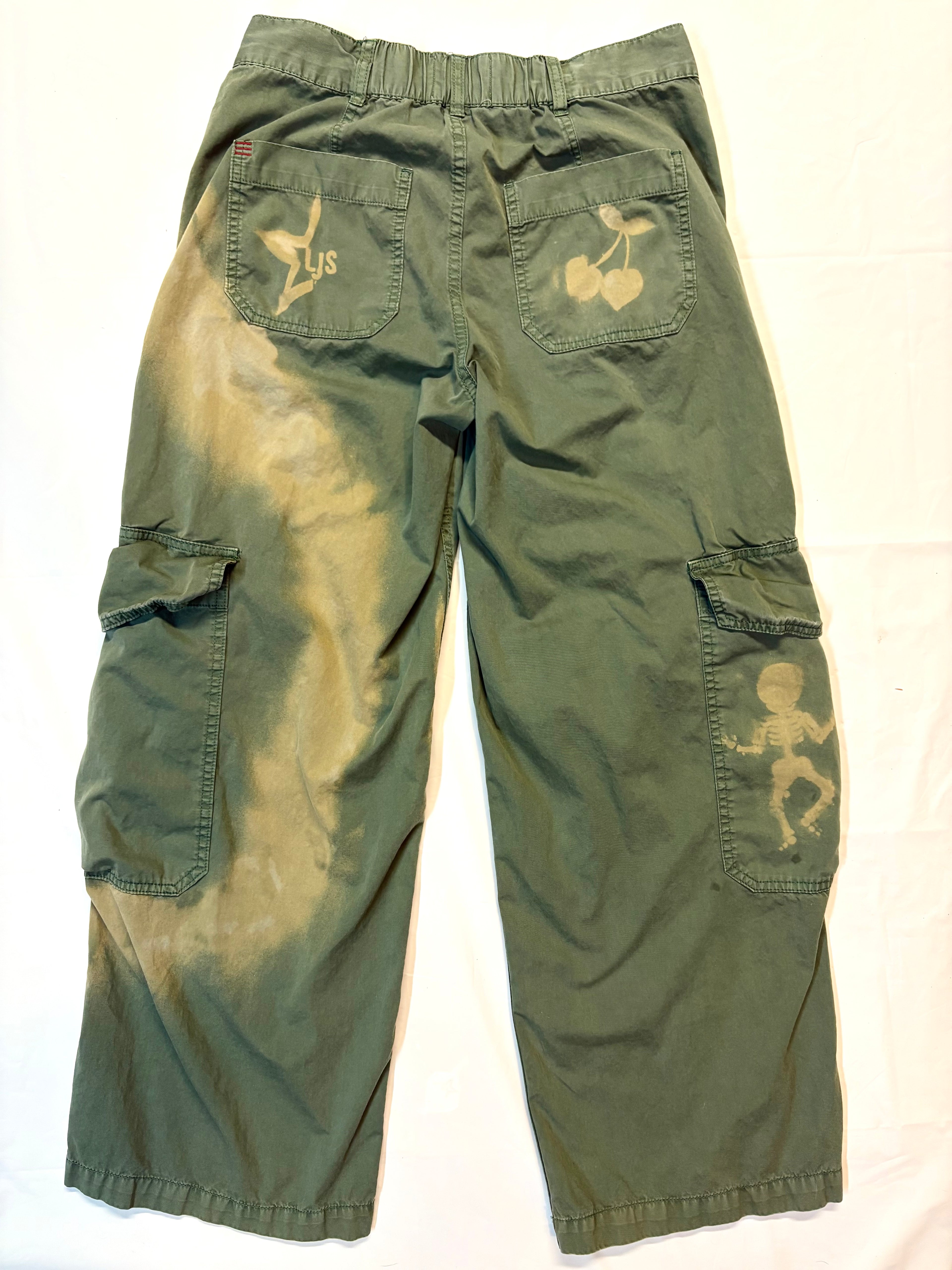 Skeleton & Stars Hand-Painted Green Cargo Pants