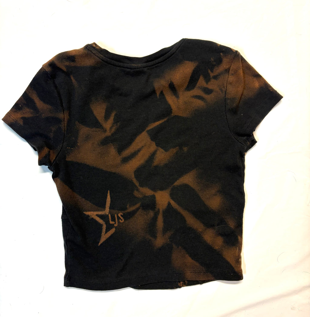 Black and brown tie-dye t-shirt with a logo 