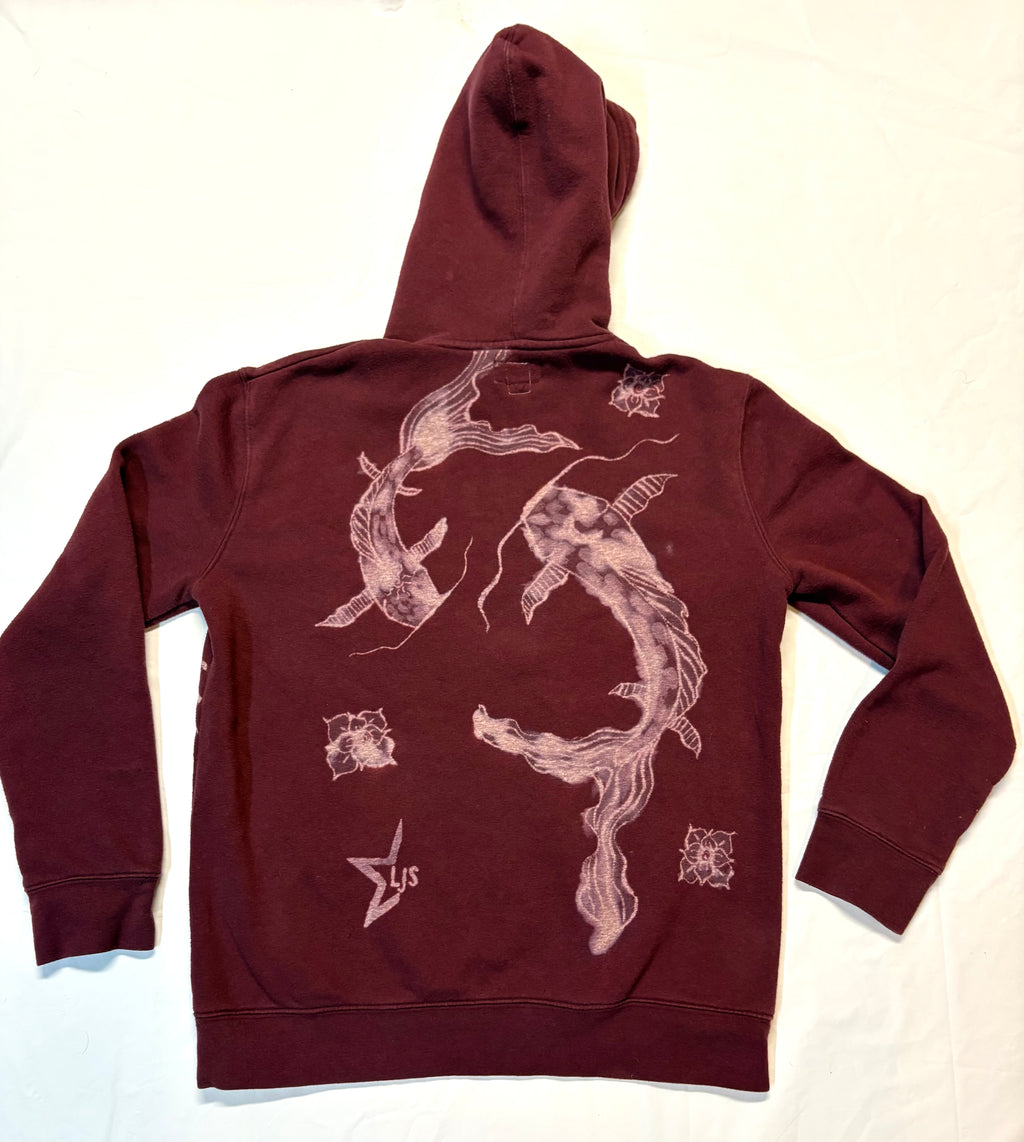 Koi & Sun — Hand-Painted Bleach Art Maroon Hoodie