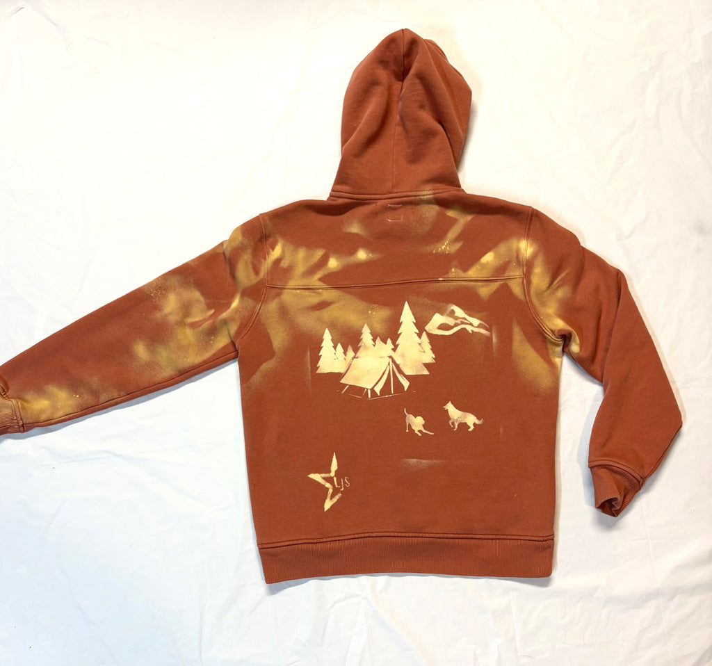 Orange bleach art hoodie with camping Northern lights and dogs