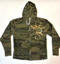 Camouflage hoodie with a white zipper on a white background