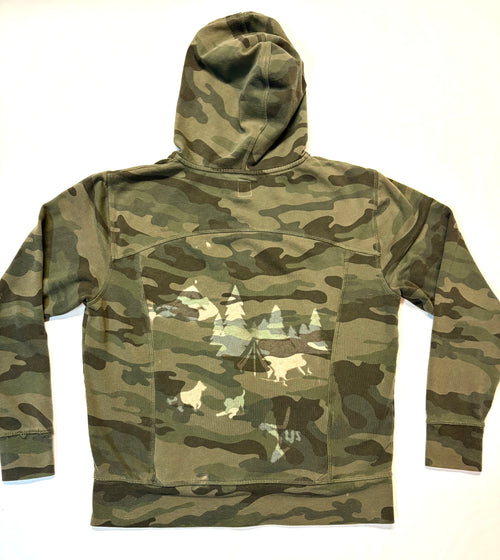 Camouflage hoodie with a nature-themed graphic camping on a camo background