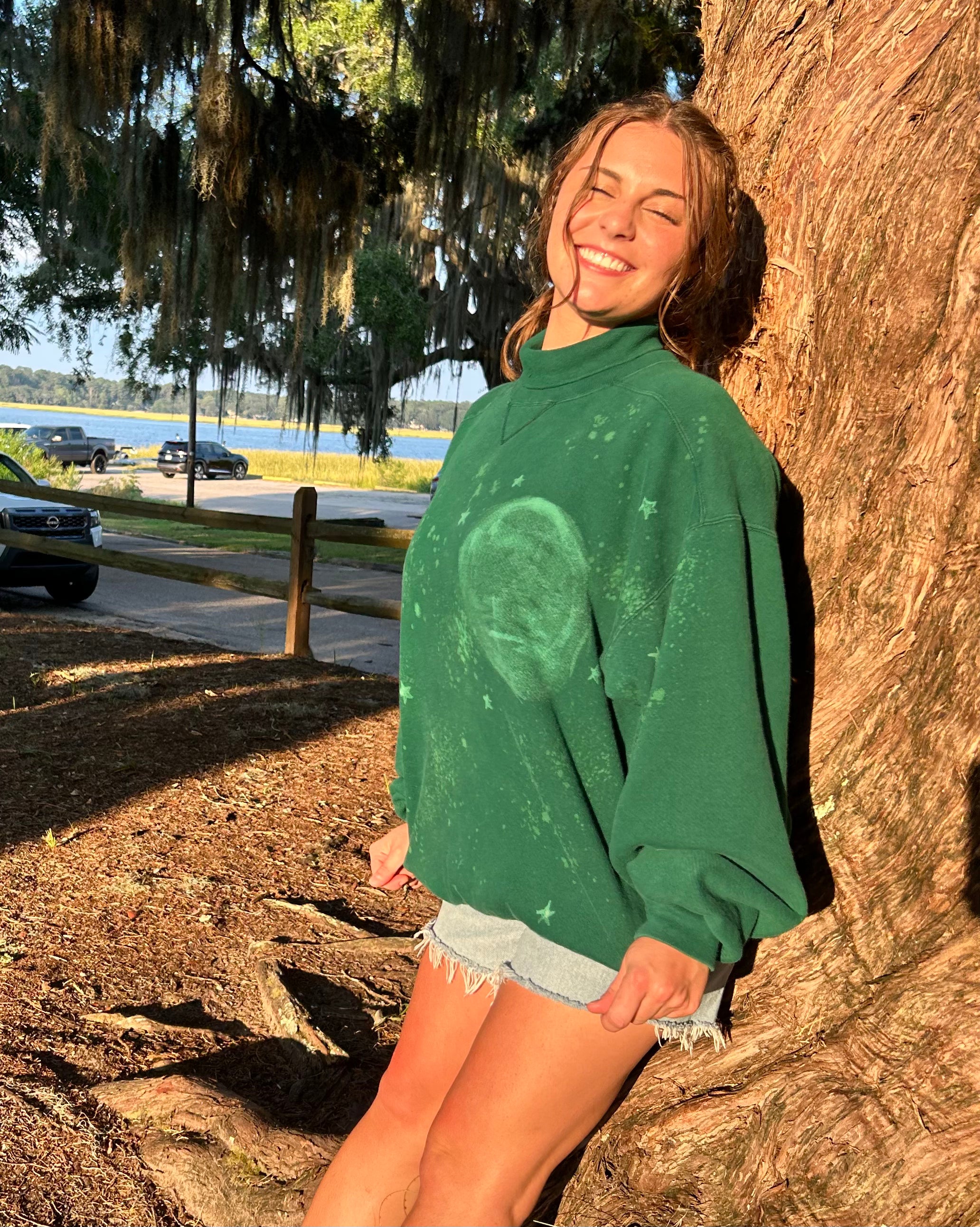 Hand-painted Bleach Art - Cabin Mountain Scene Woman's XL