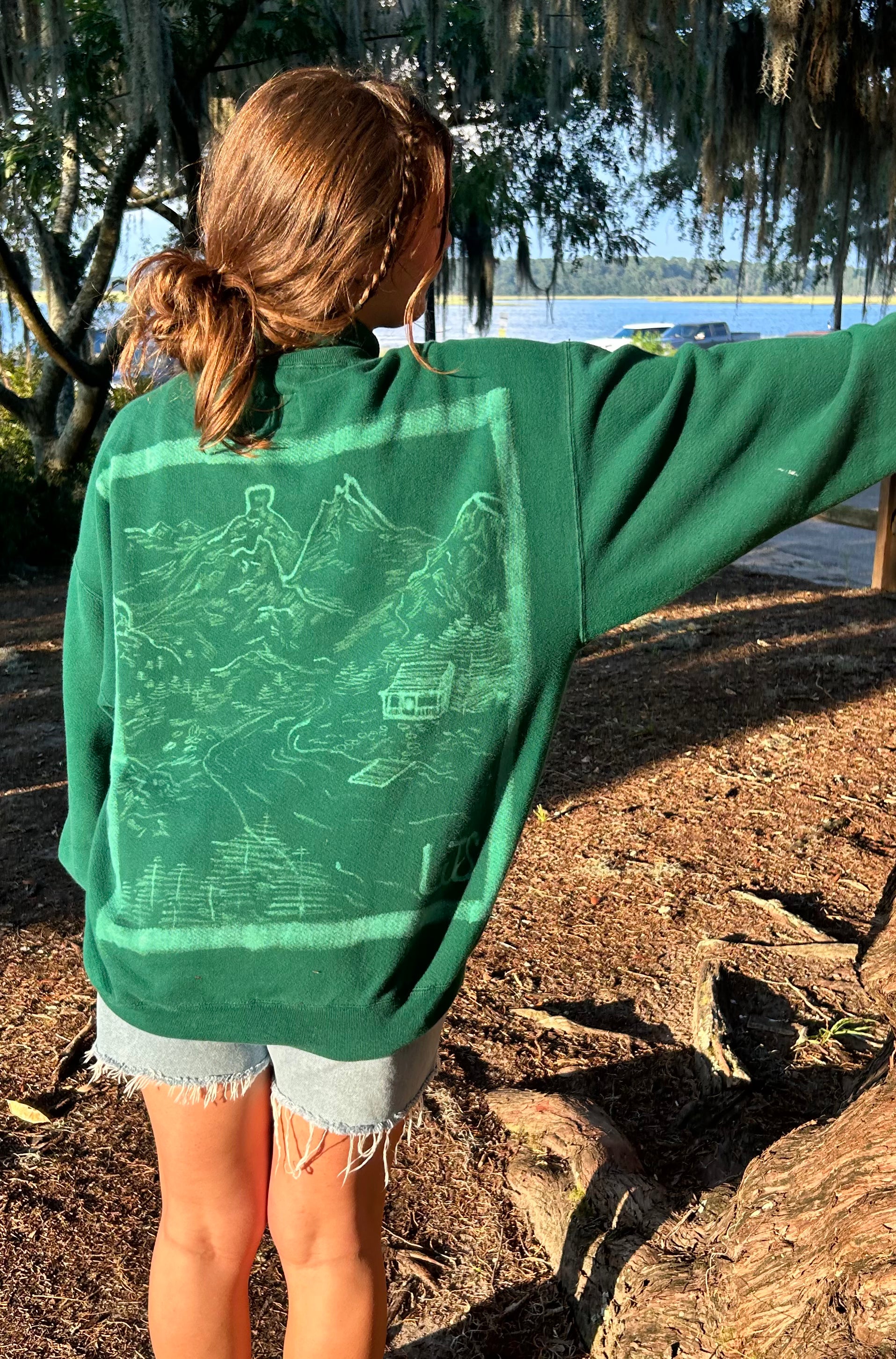 Hand-painted Bleach Art - Cabin Mountain Scene Woman's XL