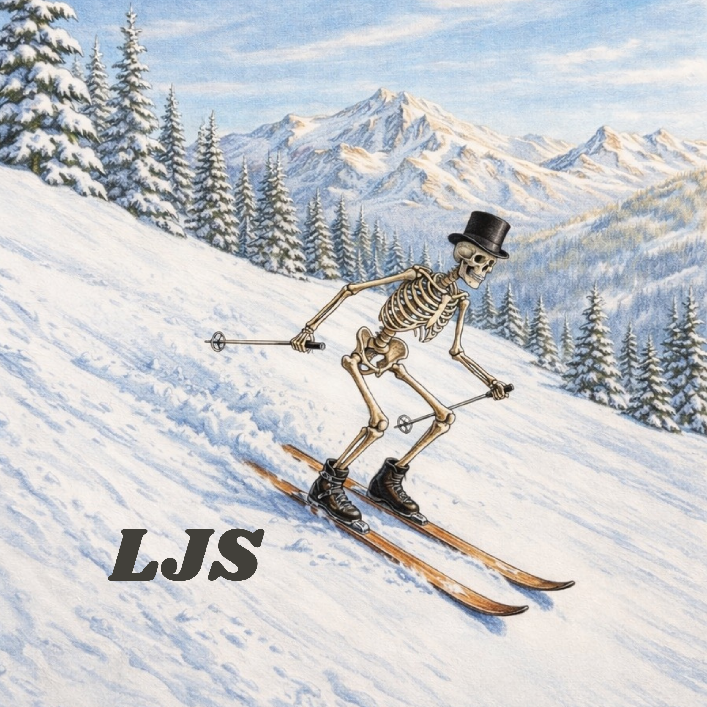 Skeleton skiing on a snowy mountain with 'LJS' branding